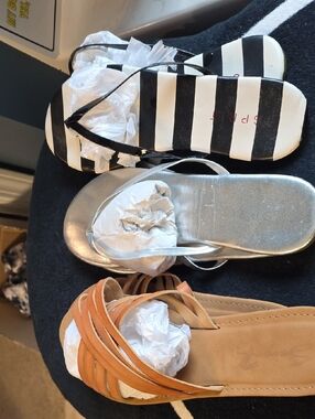Assorted Bundle Of Women's Flip-Flop & Sandal Trio - Black/White, Silver, Tan